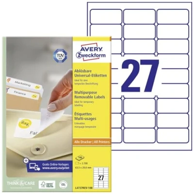 Image de Etiquette universelles Avery Zweckform L4737REV 100 63.5 x 29.6 mm papier blanc 2700 pc(s) décollable