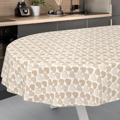 Image de ANRO Nappe en Toile cirée, Lavable, pour Table de Jardin, extérieur, intérieur, Ovale, Bord coupé, Motif cœur Beige, 220 x 140 cm