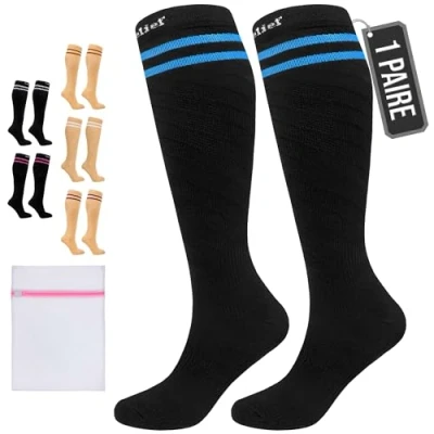 Image de 360 Relief Chaussettes de Contention Classe 1 Femme et Homme 15 20 mmHg Bas pour Voyage Avion, Running, Circulation, Sports Compression L/XL Noir avec sac lavage