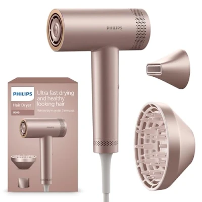 Image de Philips Sèche cheveux High Speed 8000 Series, ThermoShield Advanced, ionique, embout de coiffage et diffuseur, soin du cuir chevelu, 1400 W, champagne rosé, modèle BHD837/10