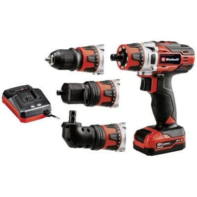 Image de Einhell Kit perceuse visseuse sans fil TE CD 12/1 3X Li (12 V, lithium ion, vendue avec batterie 2,0 Ah, chargeur, embout coudé + excentré, boîte de rangement à fermeture magnétique)