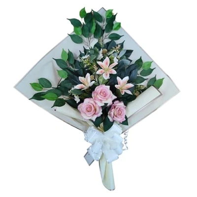 Image de DRW Bouquet de Fleurs artificielles pour cimetière à Mettre dans Un Pot, Vase ou sur Une Tombe 73 x 63 20 cm (lys et Roses Roses)