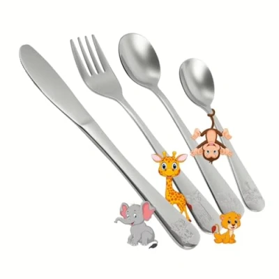 Image de Nirosta Ensemble de Couverts pour Enfants Safari 4 pièces Set ustensiles avec adorables Motifs animaliers Comprend Petite et Grande cuillère, Couteau Fourchette dès 3 Ans