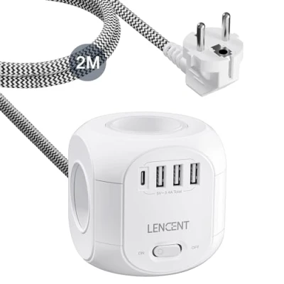 Image de LENCENT Cube rallonge multiprise 2M avec 4 Prises AC, 3 USB et 1 Type C, Protection Contre Les surtensions pour électrique Interrupteur Maison, Cuisine, Bureau, Tressé Câble