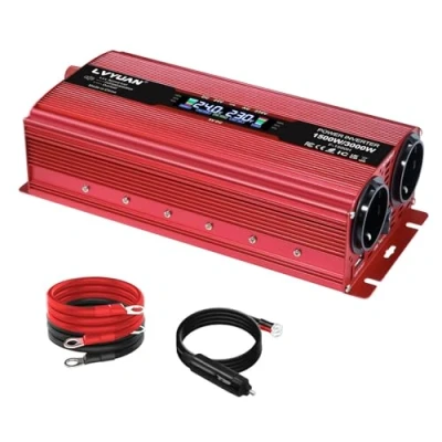 Image de LVYUAN Convertisseur 24V 220V 1500W/3000W de Tension avec écran LCD, 2 Prises UE, USB 5V et Allume Cigare Voiture, Rouge
