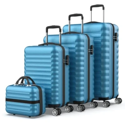 Image de NEWTECK NUMADA Lot de 4 Valises (53/63/75cm) et Trousse Toilette Mod Blau, ABS, Rigide, Résistant, Doubles Roues, Léger, Serrure à Combinaison latérale