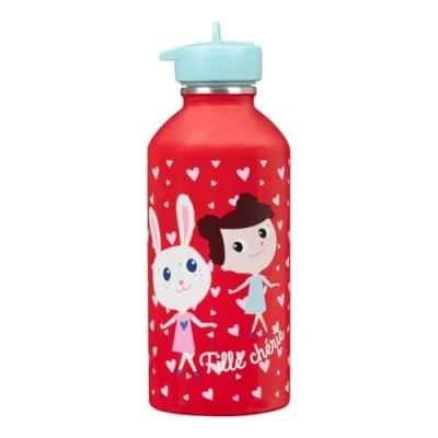 Image de gourde enfant Acier inoxydable DRAEGER PARIS Facile à nettoyer réutilisable Idéale pour parc, école Contenance 300ml 17 cm x 6,5 Rouge Message inscrit : Fille chérie Lapin