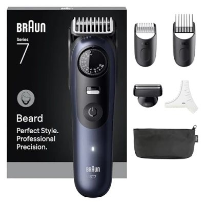Image de Braun Tondeuse À Barbe Series 7, + 6 Outils De Barbier, Lame ProBlade Affûtée Et Inusable, Jusqu&#039;à 120 Min D&#039;autonomie, 40 Longueurs, Étanche, Molette Précision Verrouillage, BT7520, Bleu