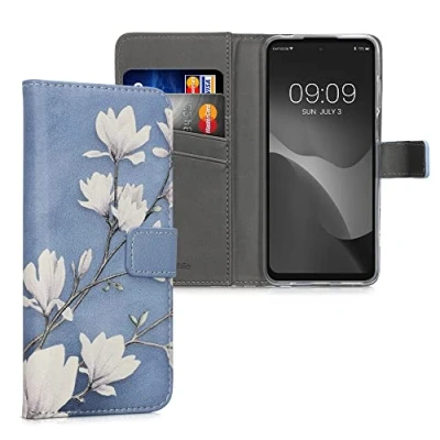 Image de kwmobile Coque Portefeuille Compatible avec Motorola Moto E32 Étui à Rabat Tissu Similicuir Compartiment Cartes Taupe Blanc Bleu Gris