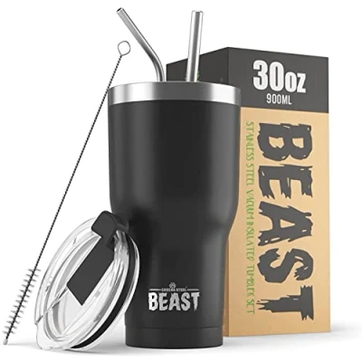 Image de BEAST Mug Isotherme Cafe 900ml I Noir Matt Acier Inoxydable Réutilisable, Tasses Isothermes 2 Pailles et Brosse Nettoyage Thermos Cafés de Voyage Double Paroi Café Chaud ou Glacé