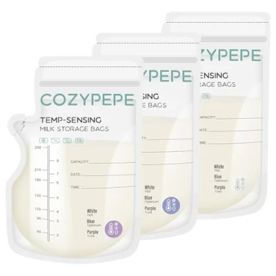 Image de Sacs de Conservation du Lait Maternel 100 PCS, Sac Stockage 250ml avec Bec Verseur, Changement Couleur Sensible à la Température pour une Allaitement Pra