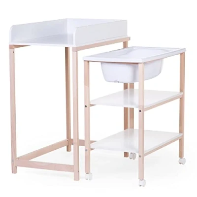 Image de CHILDHOME, Table À Langer Avec Baignoire, Roues Facilite Le Déplacement, Unité De Change, Robuste, Sécurité Optimale, Ultra Pratique, Compacte, Bois Naturel Hêtre