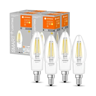 Image de LEDVANCE Ampoule LED intelligente avec Wifi, culot E14, gradable, blanc chaud (2700K), forme de bougie, filament clair, remplacement 40W, contrôlable Alexa, Google et App, paquet 4