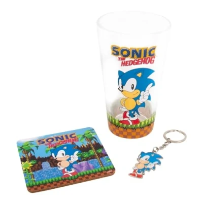 Image de Fizz Creations SonicThe Hedgehog Porte clés en Verre et dessous de Coffret cadeau 3 1 à boire Capacité 480 ml Produit sous licence officielle Sonic The