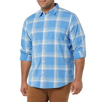 Image de Amazon Essentials Chemise en Popeline Extensible À Manches Longues Et Coupe Standard Homme, Bleu Clair Orange Écossais, M