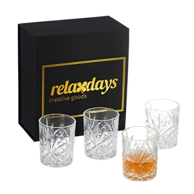 Image de Relaxdays Set de 4 Verres à Whisky, boîte Cadeau, Design décoratif, Accessoires Bar, H x D : env. 10 8 cm, Transparent