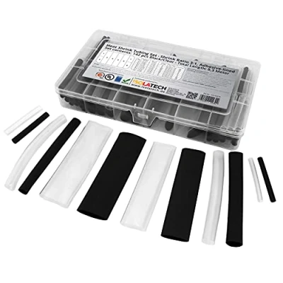 Image de 142 pcs de gaine thermorétractable mélange noir et transparent ratio 3:1 avec du adhésif. Longueur totale 8,3m dans une boîte pratique. Par ISOLATECH