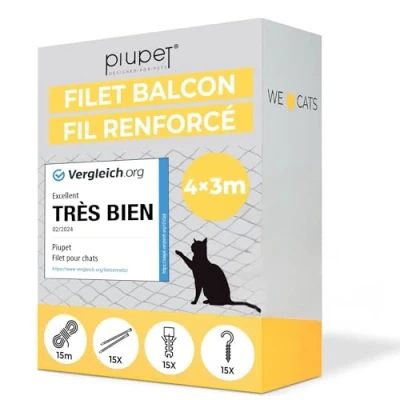 Image de PiuPet® Filet de Protection Chat I 4x3m renforcé avec Corde Fixation sécurité Extra Large Balcon Escalier