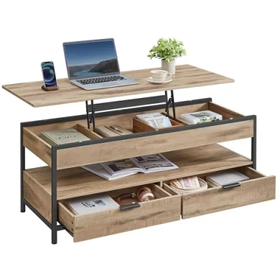 Image de VASAGLE Table Basse, de Salon avec Plateau Relevable, Tiroirs Rangement, Rangement Ouvert et Compartiment Caché, 50 x 120 cm, Marron Camel Noir d’Encre LCT252K02