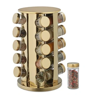Image de Relaxdays Tourniquet à épices avec 20 Pots en Verre, Embouts tamiseur, Rotatif 360, Acier Inoxydable, doré/Transparent