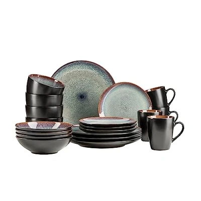 Image de MÄSER 934100 Série Teona Service de table en céramique pour 4 personnes avec vernis réactif vert/marron 20 pièces dans des formes modernes et discrètes grès