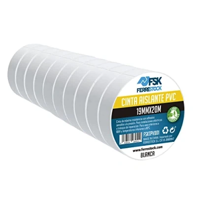 Image de Ferrestock FSKTPV001 Lot de 10 rubans isolants en PVC blanc avec adhésif sensible à la pression, 19 mm x 20 m