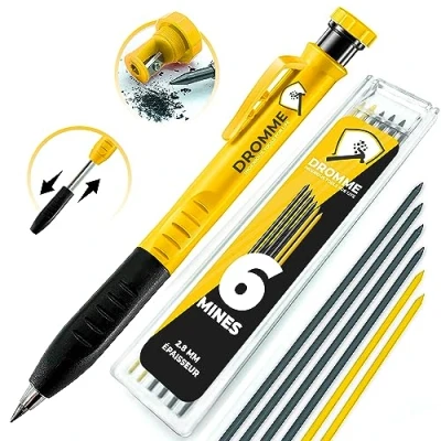 Image de Dromme Crayon Chantier Menuisier Charpentier Professionnel [+ 7 Mines Multisupport + Taille Mine Grip ergonomique] Porte Extensible Outillage Parfait pour le Bricolage