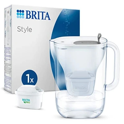 Image de BRITA Carafe Filtrante Style Grise (2,5l) incl 1 cartouche filtre eau robinet MAXTRA PRO All in réduit PFAS*,calcaire, chlore, certaines impuretés et métaux indicateur temps volume versé
