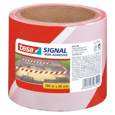 Image de Tesa Signal Ruban Non Adhésif de Marquage et d&#039;Avertissement Balisage Signalisation des Obstacles Zones Dangereuses Polypropylène, Film PE Rouge / Blanc 100 m x 80 mm