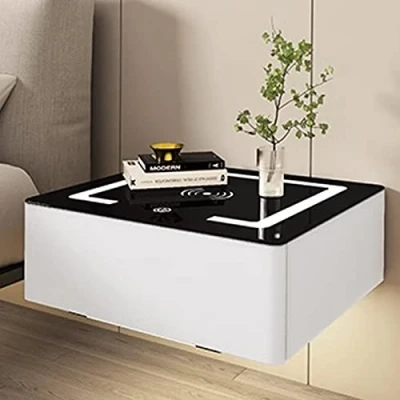 Image de LED table De Chevet suspendue,Tables Pour Adulte,Bedroom Avec Station Charge,Modern nuit suspendue,table Design,Table Lumière,1 Tiroirs,. (