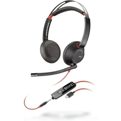 Image de Micro casque filaire Poly Blackwire 5220 Perche microphone antibruit flexible Conception ergonomique Connexion à un PC/Mac, téléphone portable via USB C, A ou prise Jack 3,5 mm