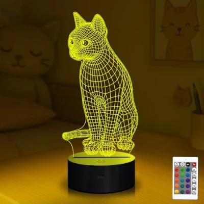 Image de CooPark Pet Cat 3D Illusion Lampe Cadeau De Noël Table Chevet,16 Couleurs Changement Automatique Interrupteur Bureau Décoration Lampes D&#039;anniversaire avec Télécommande