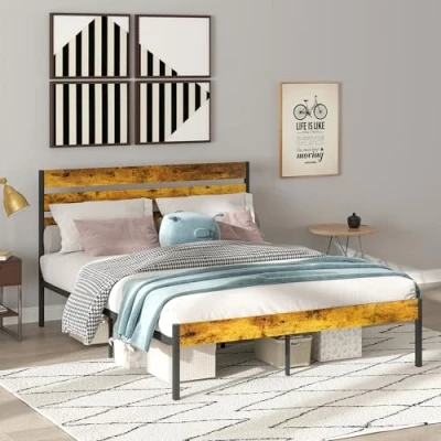 Image de HOMCOM Cadre de lit Double 160 x 200 cm 2 Personnes Industriel avec Rangement sous Le lit, sommier, tête et Pied en Bois Acier, Aspect foncé Noir