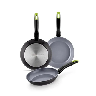 Image de Monix Eco Nature Ensemble de 3 Casseroles 18 22 26 cm en Aluminium Forgé, Céramique Antiadhésive Renforcée, Convient à tous les Types Cuisinières et Induction