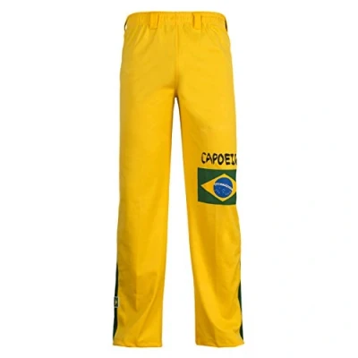 Image de JL Sport Authentiques Brésilien Capoeira Arts Martiaux Pantalons Unisex (Jaune avec Le Drapeau Brésilien) XXL