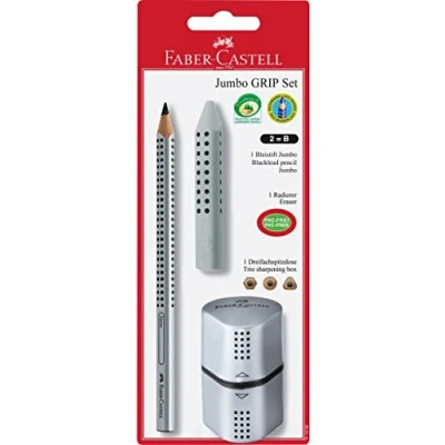 Image de Faber Castell 111996 Crayons graphite Jumbo Grip Set avec un crayon, 1 gomme et taille crayon (Argent)