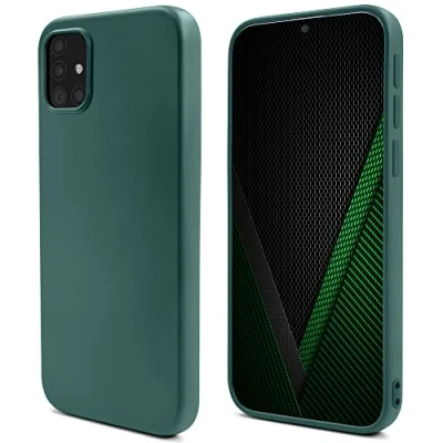 Image de Moozy Lifestyle. Coque conçue pour Samsung A51, vert foncé en silicone liquide avec finition mate et doublure microfibre douce. Neuf