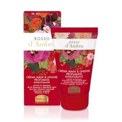 Image de Helan, Amber Red crème mains et ongles parfumée restructurante pour peaux sèches gercées, hydratante à la vitamine C E antioxydantes huile d&#039;amande douce réparatrice,50 ml