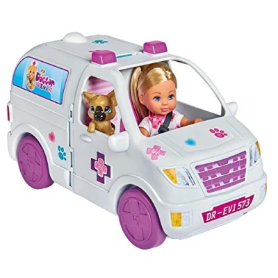 Image de Simba Evi Love Vétérinaire Voiture 2 en 1 Mini Poupée 12cm Coin Toilettage + Chat et Chien à Soigner Nombreux Accessoires Inclus 105733488002 Blanc