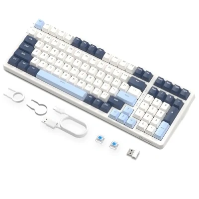 Image de FREEWOLF K8 Clavier de Jeu Mécanique sans Fil à échange Chaud, Filaire Rétroéclairé RGB, Commutateur Bleu, Bluetooth/2,4 GHz/USB C Tri Mode avec Batterie 4000 mAh pour Mac/Win Bleu/Blanc