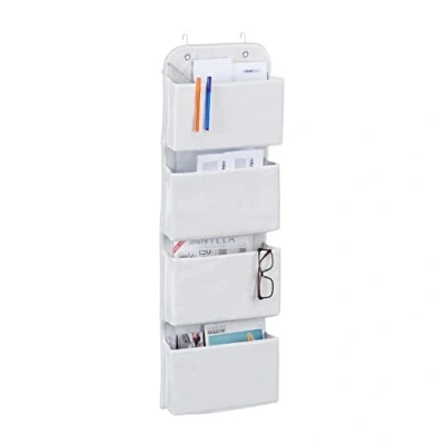Image de Relaxdays Organiseur Suspendu à 4 Compartiments, de Porte avec Crochets Suspendre, Rangement en Non tissé pour Salle Bain et Bureau, Blanc