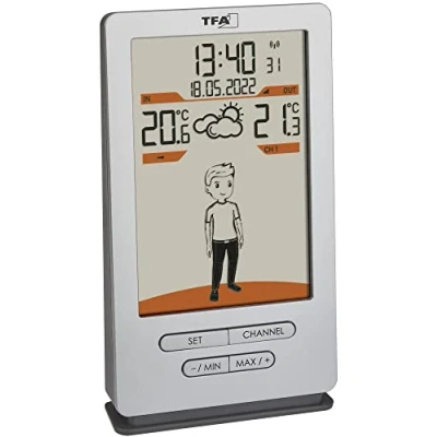 Image de TFA Dostmann Station météo sans fil Weather Jack, 35.1166.54, température extérieure/intérieure, capteur ext, prévisions météo, avec suggestions de vêtements, argenté, argente