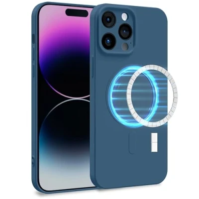 Image de MyGadget Coque Silicone [ Compatible avec MagSafe ] Apple iPhone 14 Pro Max Case TPU Souple &amp; Soft Doublure Microfibre Cover Protection Bleu Foncé