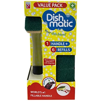 Image de Dishmatic Kit économique 1 poignée de Distribution Liquide Vaisselle Rechargeable avec 6 têtes d&#039;éponge Multi Usage remplaçables antibactérienne Ergonomique