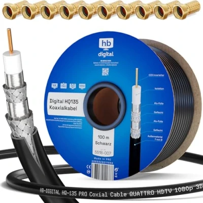 Image de HB DIGITAL 100m Câble Coaxial HQ 135 d&#039;Antenne 135dB SAT 8K 4K UHD 4 Fois Blindé Pour les Systèmes DVB S / S2 C C2 T T2 DAB+ Radio BK + 10 F Plug GRATUIT
