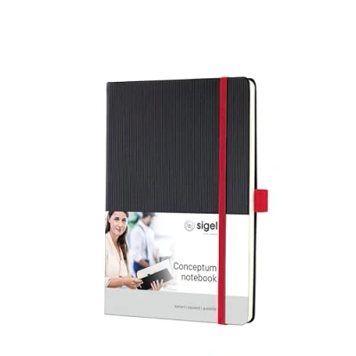 Image de SIGEL CO662 Carnet de notes premium à petits carreaux, A5, couverture rigide, noir, rouge Conceptum