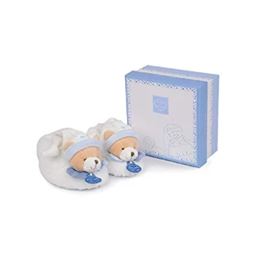 Image de Doudou et Compagnie Chaussons Bébé Avec Hochet Ours Petit Chou 6/12 Mois Blanc Bleu DC2715