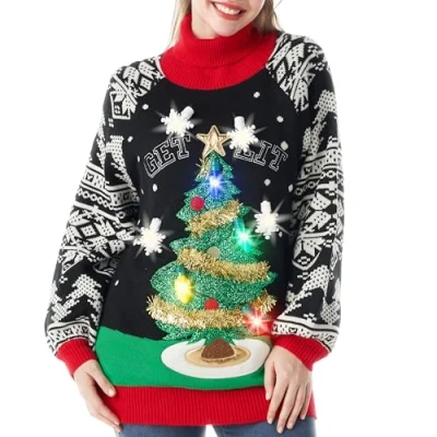 Image de JOYIN Pull Lumineux pour Femme Longue Robe Moche avec Sapin de Noël 3D Amusant et Ampoules Fantaisie Noir à Manches Longues en Tricot Noël, Noir, M