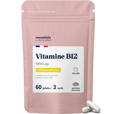 Image de Vitamine B12 1000 µg Vegan, Cure de 2 mois, Réduit la Fatigue &amp; Soutient le Système Nerveux, 60 Gélules Végétales, 100% Méthylcobalamine Pure et Biodisponible, Essentials by Novoma