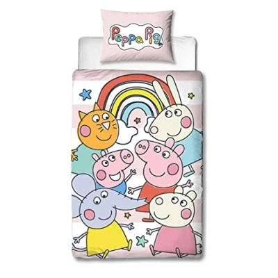 Image de Character World Peppa Pig and Friends Parure de lit Officielle pour Simple Motif coloré ludique réversible Double Face avec taie d&#039;oreiller Assortie Polycoton